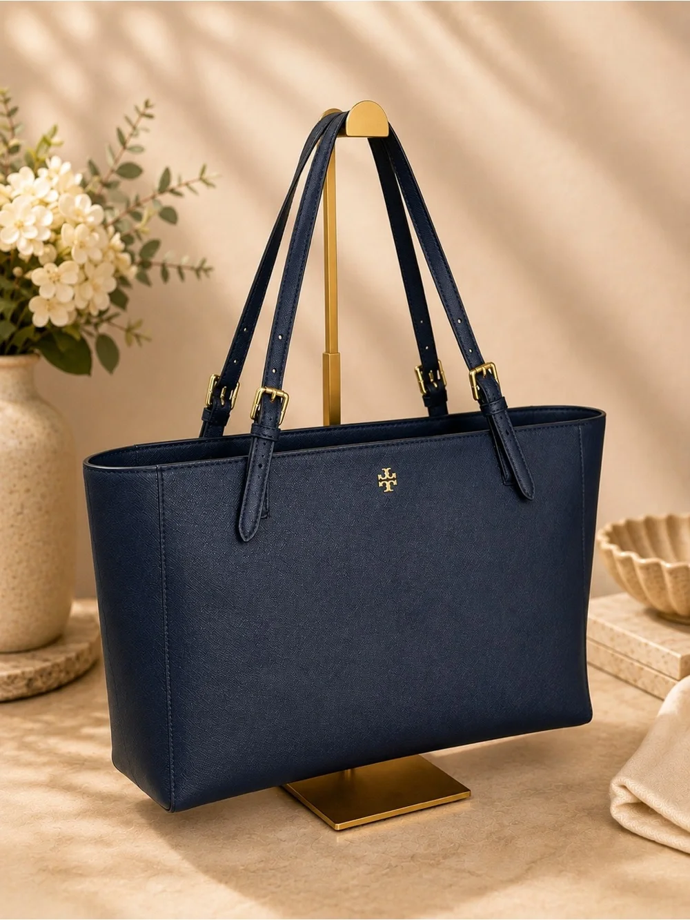 Tory Burch Emerson Large Navy Saffiano Leather Tote NWOT Dust Bag
